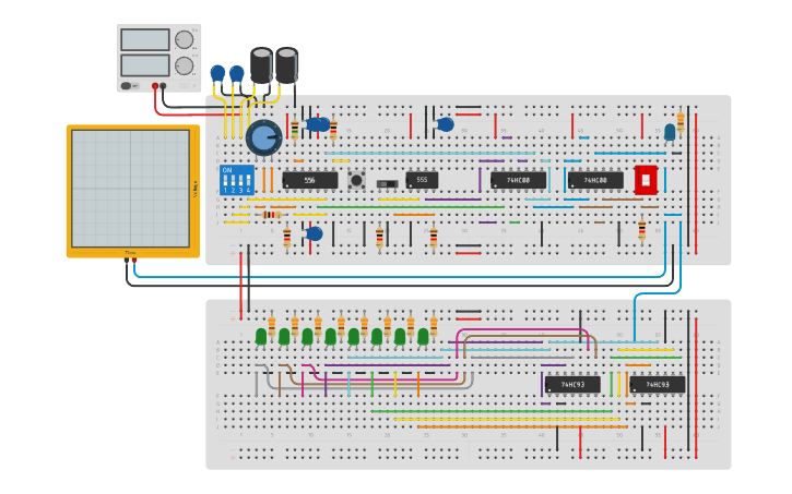 555 Counter Circuit design 8-bit binary counter with 555 clock - Tinkercad