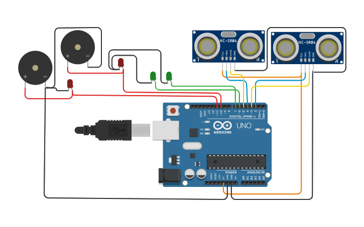 Circuit design Accident prevention system using sensors - Tinkercad