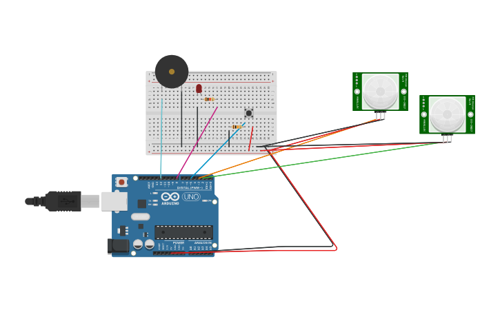 Circuit design 2 PIR Sensor 1 Button Bluetooth - Tinkercad