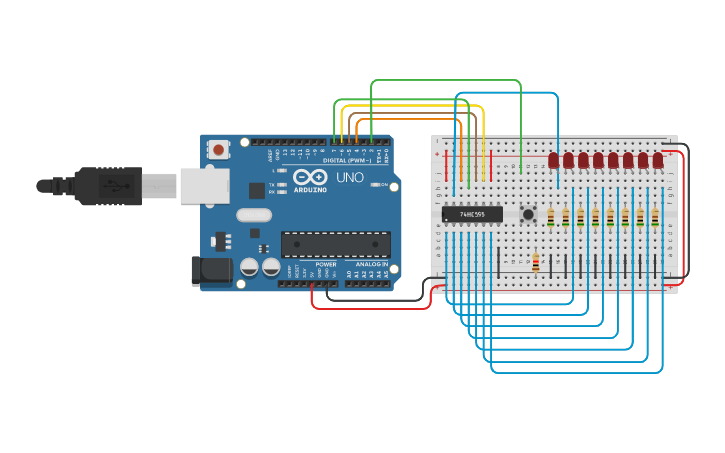 Circuit design Arduino UNO+74HC595流水灯 +按键控制 - Tinkercad