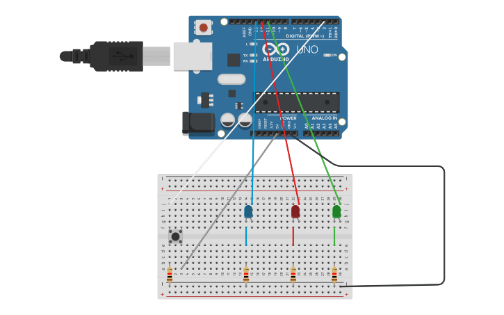 Circuit design pulsante con 3 led | Tinkercad