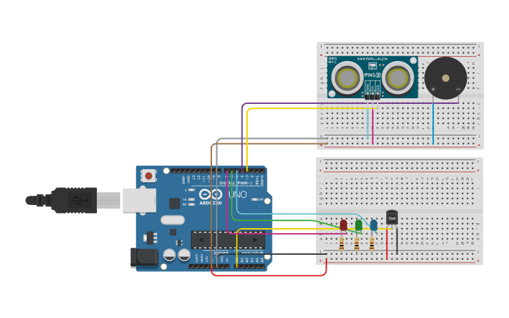 Circuit design LED TEMPERATURE AND DISTANCE SENSOR | Tinkercad