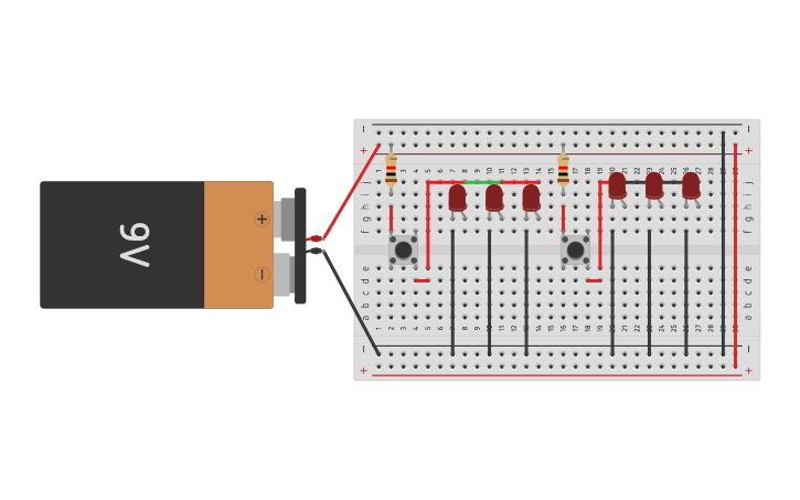 Circuit design Encender 6 leds (Con push button) - Tinkercad