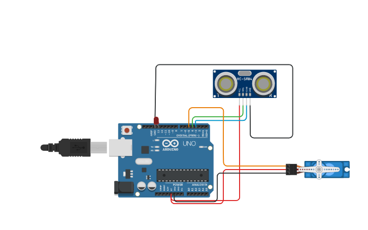 Circuit design smart dustbin with light indicator | Tinkercad