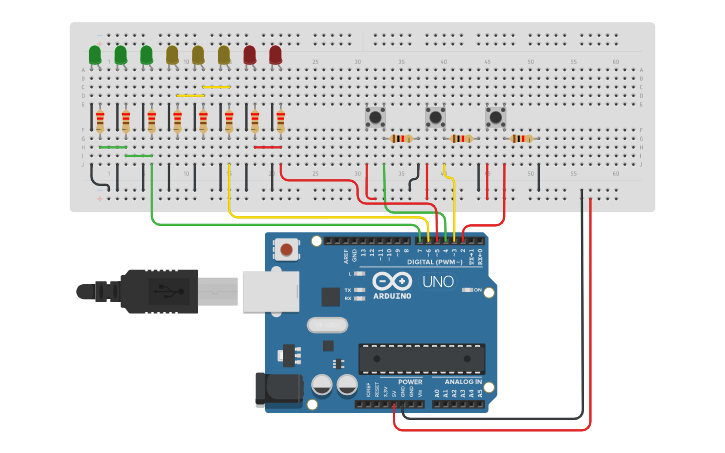 Circuit design 8 led w/ 3 push button - Tinkercad