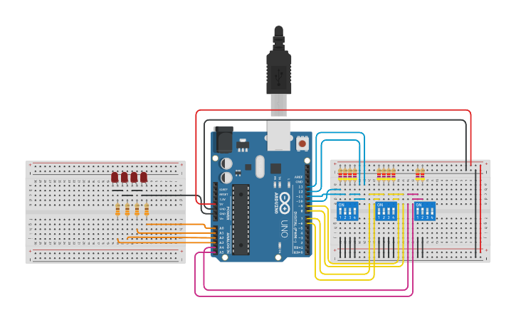 Circuit design Suma de Numeros Binarios con Arduino - Tinkercad