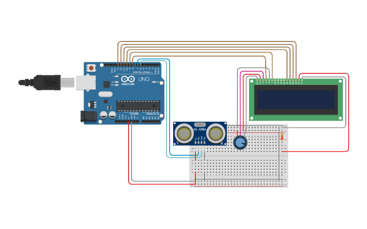 Circuit design sensor ultrasonico and LCD - Tinkercad