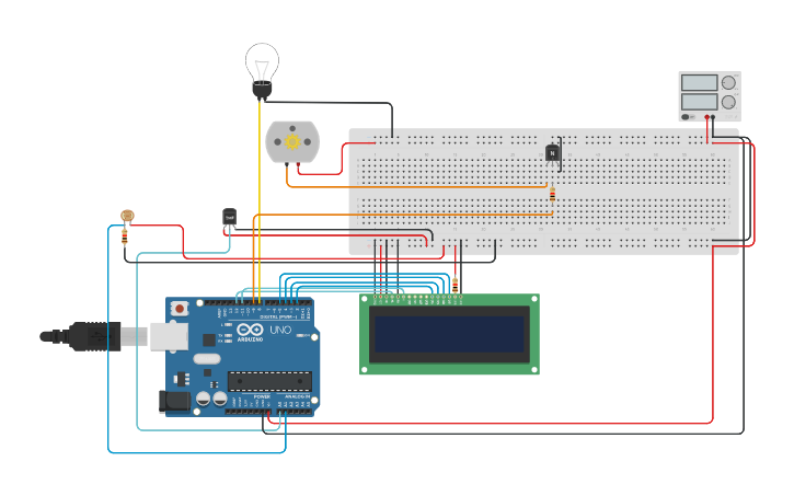 Circuit design Automatic Fan and Lighting - Tinkercad