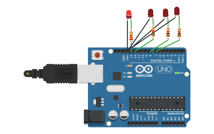 Arduino Quad Led Circuit design Quad Arduino Blinking LED 1,2,3,4,3,2,1... - Tinkercad