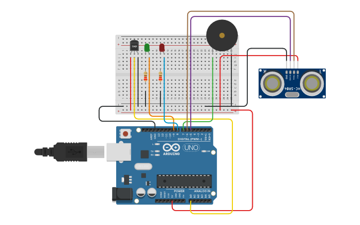 Circuit design Monitoring Suhu dan ketinggian air - Tinkercad