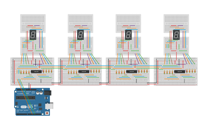 Circuit design 4 x 7 Segment display with 74hc595 - Tinkercad
