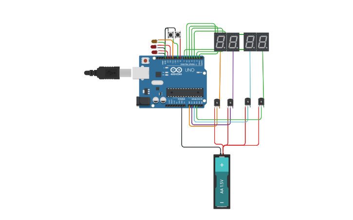 Circuit design 7segment clock - Tinkercad