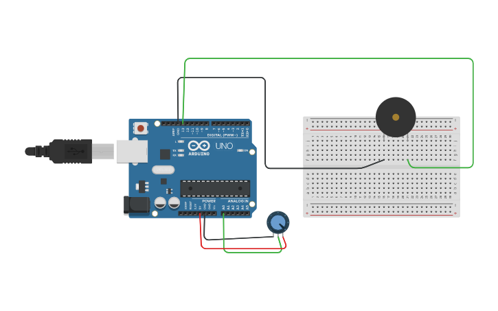 Circuit design Пищалка с потенциометром - Tinkercad