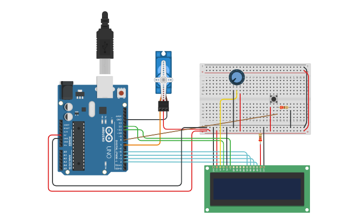 Circuit design Arduino con Servo motor(simula que es una puerta) y Lcd ...