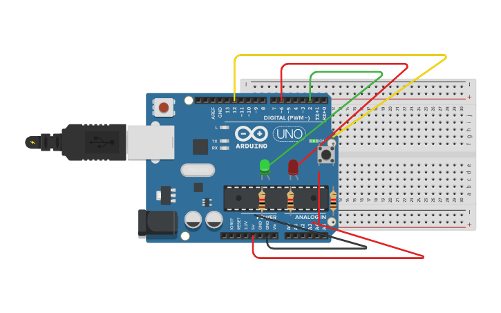 Circuit design Circuito #10 - Pulsador y dos LED - Tinkercad