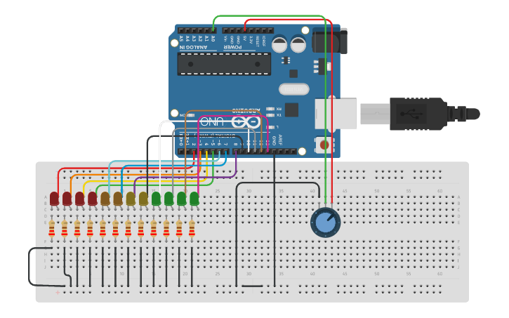 Circuit design practica con potenciometro para encender leds - Tinkercad