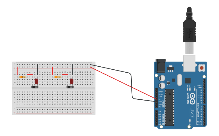 Circuit design Dois LEDs com dois interruptores | Tinkercad