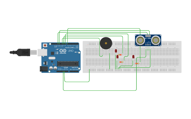 Circuit design interfacing of ultrasonic sensor using 3 led 2 piezo ...