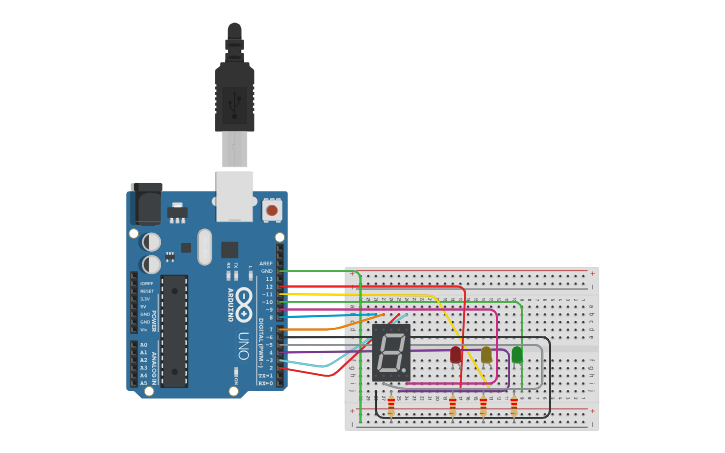 Circuit design Semaforo con Arduino + display a catodo comune - Tinkercad
