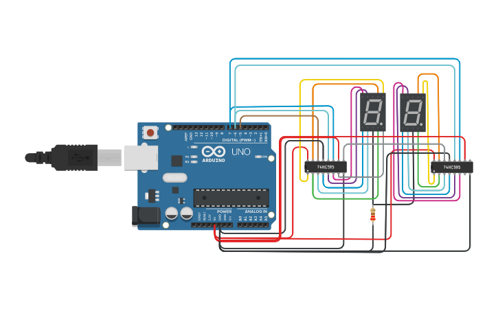 Circuit design Double 7 Segment 74HC595 - Common Cathode - Tinkercad