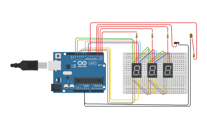 Circuit design three digit counter with switch and LED | Tinkercad