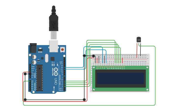 Circuit design Sensor de temperatura + pantalla LCD - Tinkercad