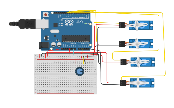 Circuit design lab 12-4 potentiometer x1 control servo x4 | Tinkercad