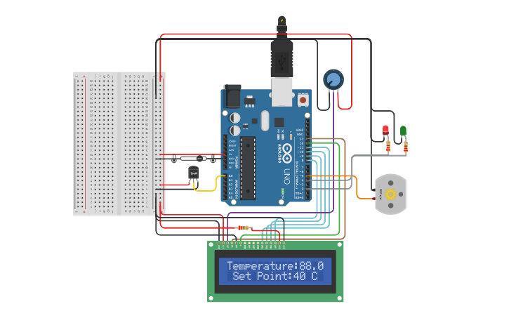 Circuit design Temperature Control Using TMP36 - Tinkercad