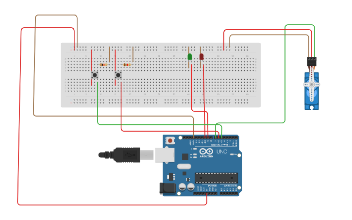 Circuit design 2 Push button And leds With Micro Servo motor - Tinkercad