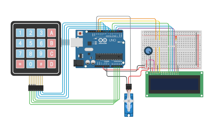 Circuit design Combination Lock with LCD, Keypad and Servo - Tinkercad