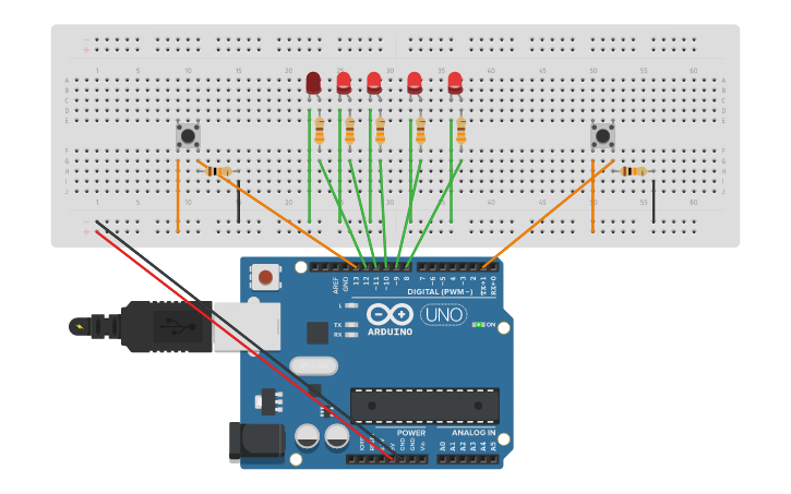 Circuit design Encender leds con 2 pulsadores - Tinkercad