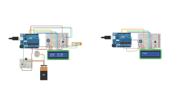 Circuit design Analogue Temp sensor + LCD and RGB LED - Tinkercad