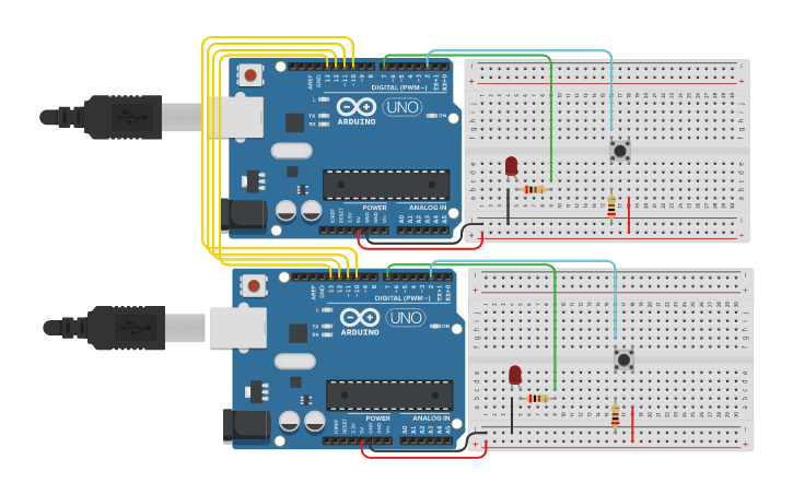 Circuit Design Spi Communication Between The Two Arduino Boards Tinkercad 4529