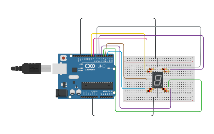 Circuit design УРОК 9 СЕМИСЕГМЕНТНЫЙ ИНДИКАТОР - Tinkercad