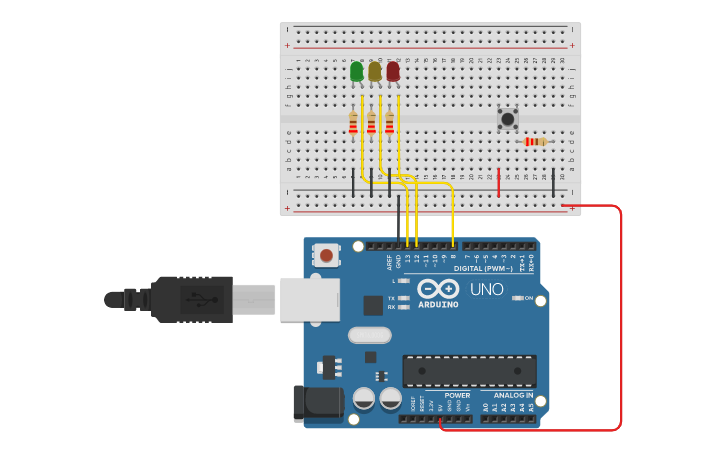 Circuit design semaforo con pulsador - Tinkercad