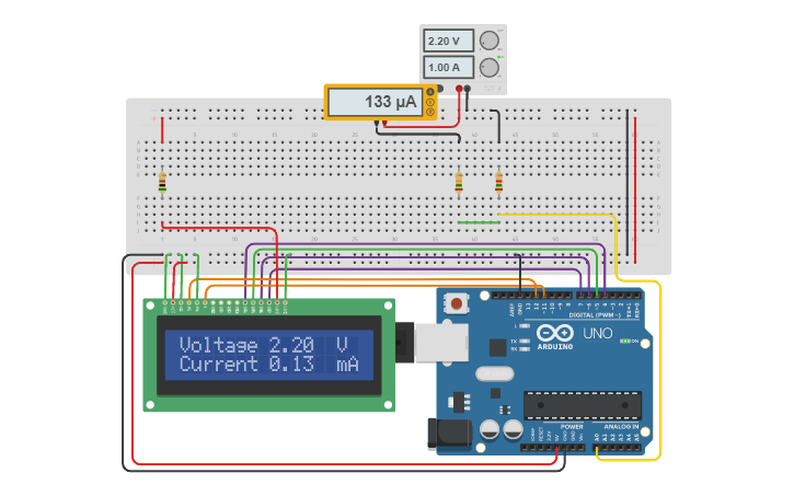 Circuit design 9.4.1.LCD Voltmeter + Ammeter - Tinkercad