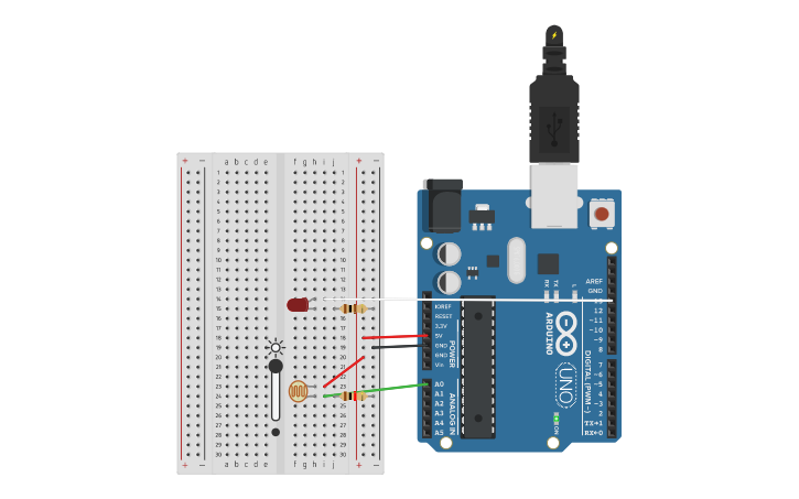 Circuit design LDR controlling LED - Tinkercad