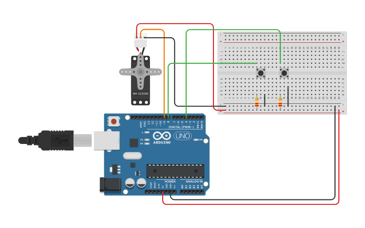 Circuit design PETA 1.1 - Servo Motor + Two Push Button - Tinkercad