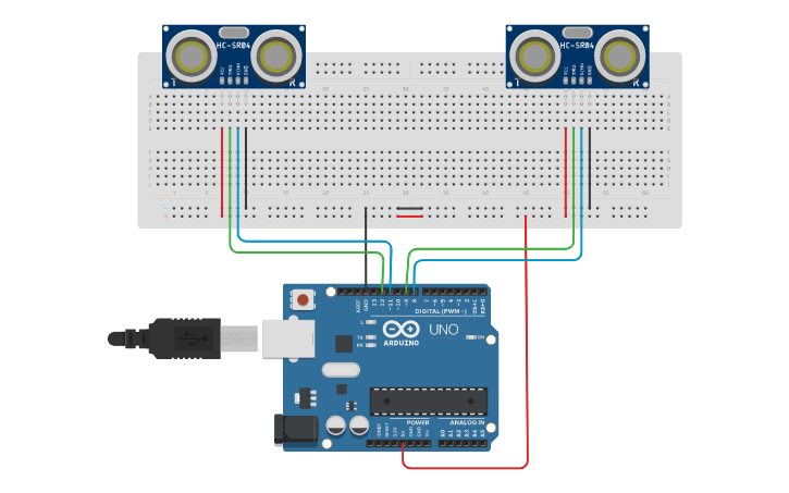 Circuit design 2 ultrasonic sensor | Tinkercad