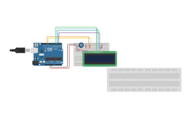 Circuit design Arduino LCD display hello world connection - Tinkercad