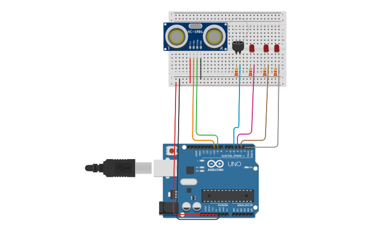 Circuit design sensor ultrasonido con led | Tinkercad