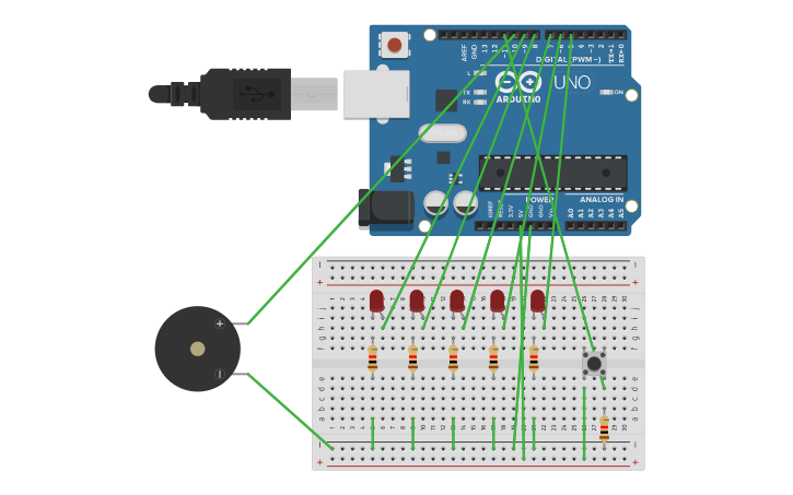 Circuit design Practica 11: Secuencia leds con pulsador y zumbador ...