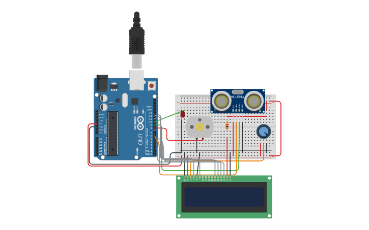 Circuit design ultrasonido con LCD - Tinkercad