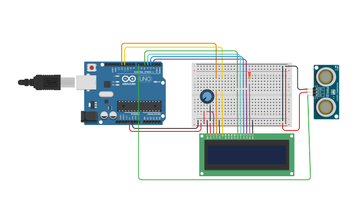 Circuit design Supersonic Distance Detector with LCD | Tinkercad