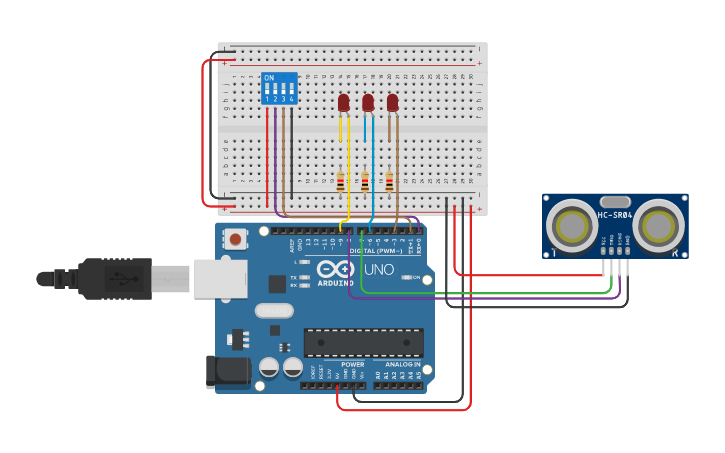 Circuit design Arduino - Leds - Bluetooth - Ultrasónico | Tinkercad