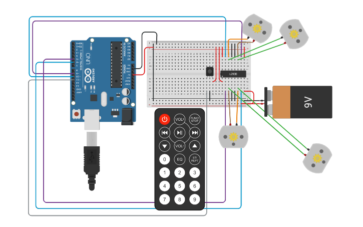 Circuit design DC Motor as wheels with IR remote | Tinkercad