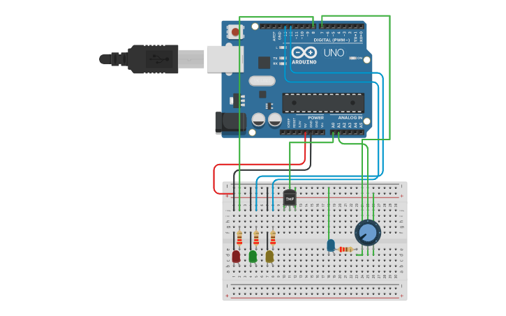 Circuit design temperature sensor with led lights - Tinkercad