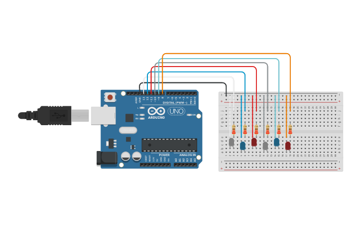 Circuit design 6-LED Setup | Tinkercad