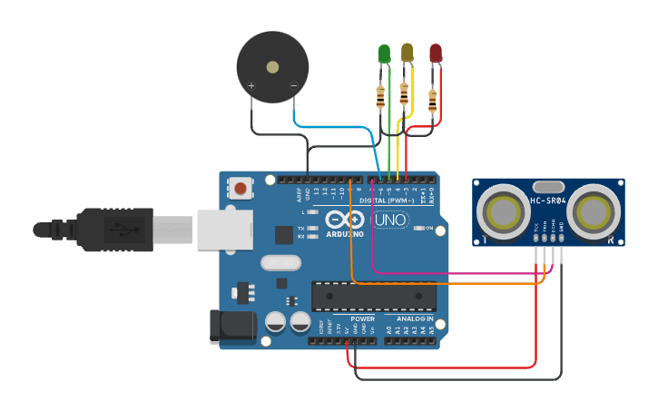 Circuit design Arduino Parking Assistant - Tinkercad