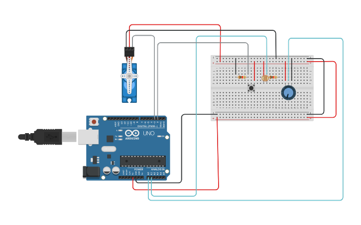 Circuit design Control servo motor angel Using Pot and LDR | Tinkercad
